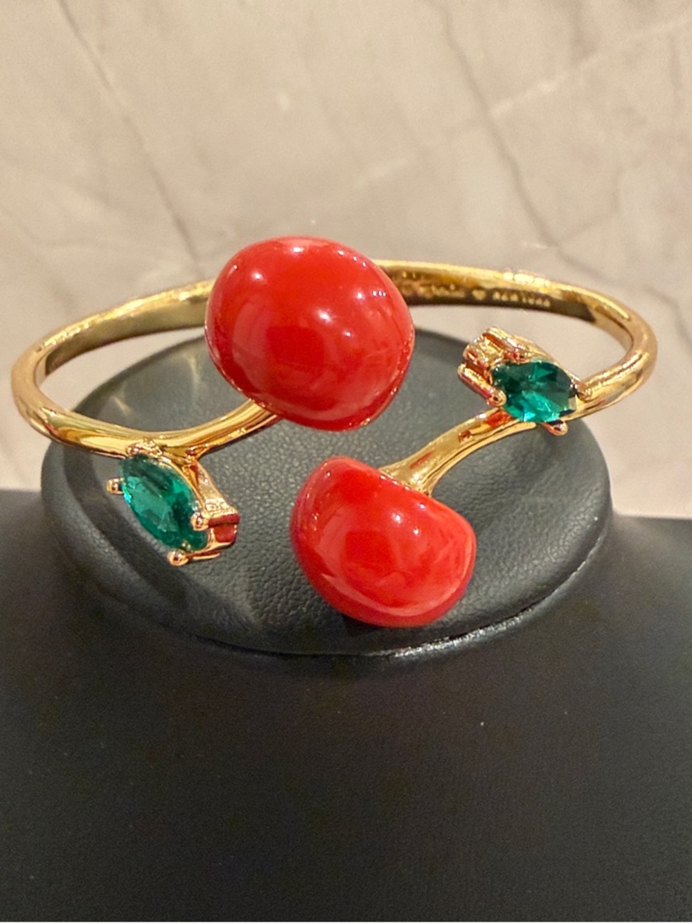 Kate Spade |♠️| Gold Plated Red Cherry & Stone Accent Hinged Bangle Bracelet